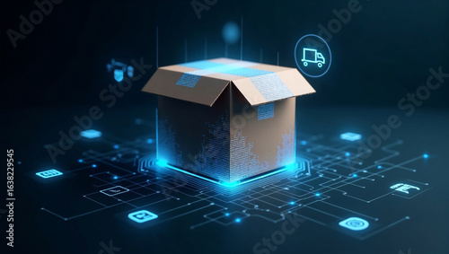 Digital Futuristic Cardboard Logistic Box Package With Glowing Circuit Patterns And Abstract Technology Elements