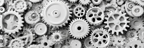 Interlocking white cogs and gears of varying sizes create a complex, dense, mechanical texture
