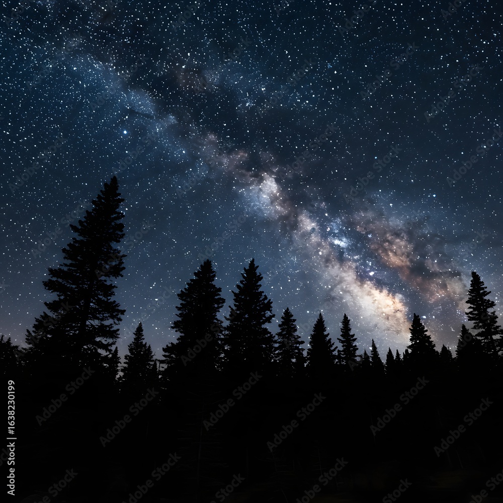 Fototapeta premium The brilliant Milky Way galaxy glows in the dark night sky above a peaceful, silhouetted pine forest.