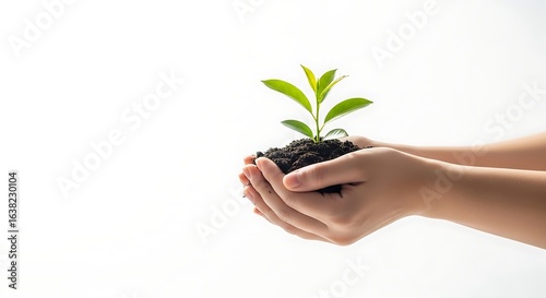 Planting new life: hands gently hold a vibrant green sprout in rich soil. Symbolizing growth, nature, and sustainability on a bright white background. Ideal for eco-friendly concepts.