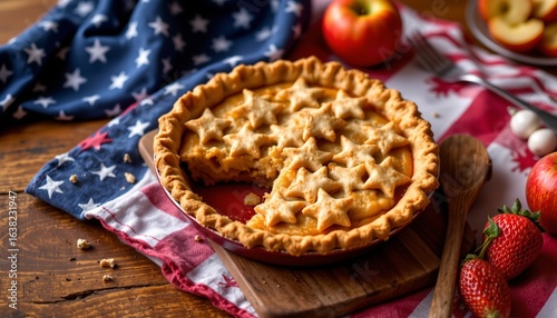 apple pie on patriotic trivet, july 4th, no people, no text, no logo