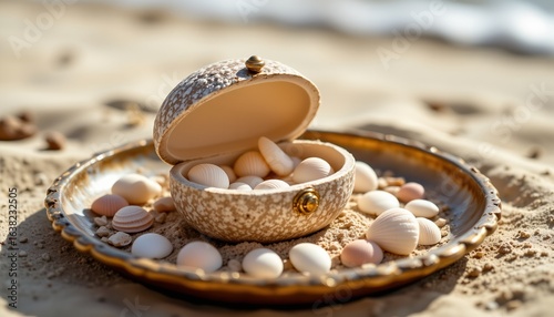 Wallpaper Mural seashell trinket box on sandy tray, summer, no people, no text, no logo Torontodigital.ca