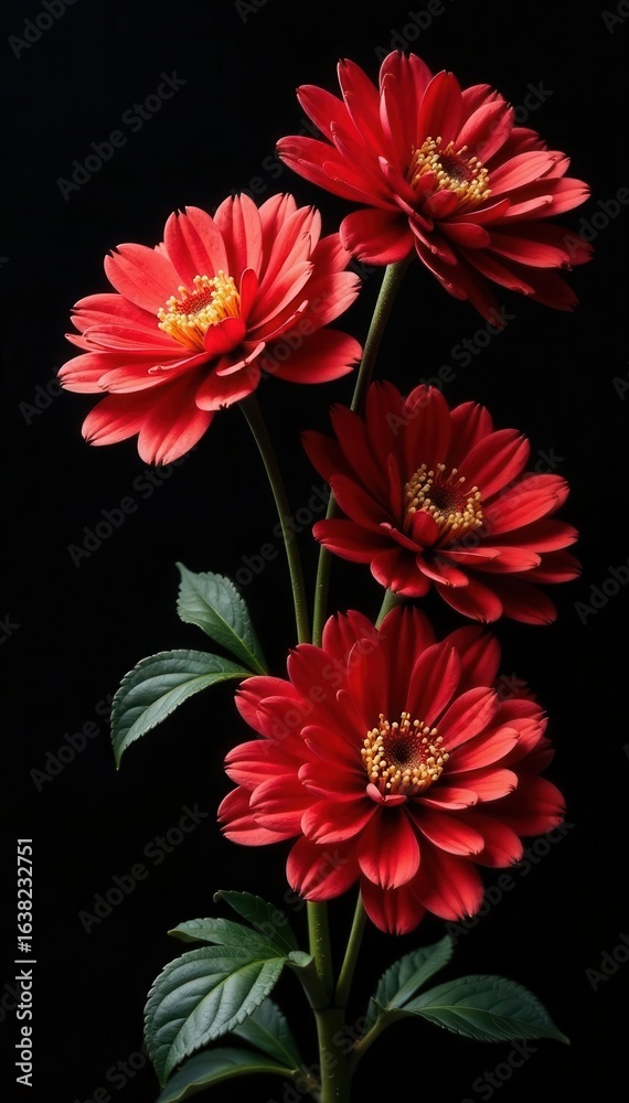 Obraz premium Red & gold chrysanthemums, black background; elegant Japanese floral arrangement , closeup, element