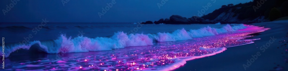 Naklejka premium Rolling bioluminescent waves illuminate the shoreline , nature, magical, shore