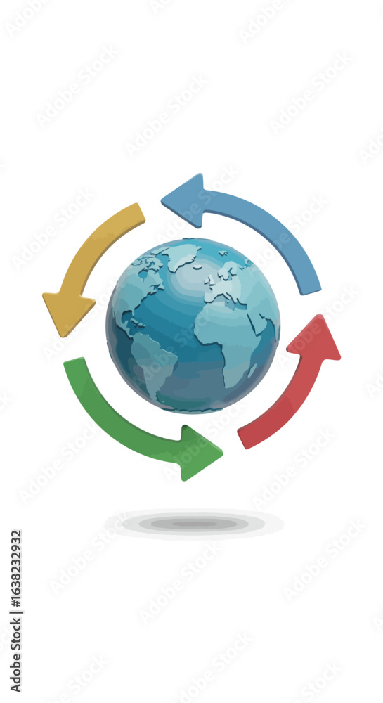 Naklejka premium A globe is surrounded by four colorful arrows forming a circular recycling or rotation concept on a white background.