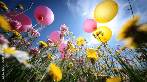 Vibrant spring meadow alive with solar balloons catching the midday sun