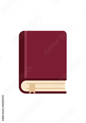 A flat vector illustration of a single, upright, closed hardcover book with a dark red cover and a cream bookmark.