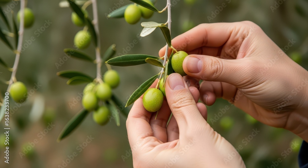 Fototapeta premium Hands gently picking fresh green olives from a branch in an olive grove