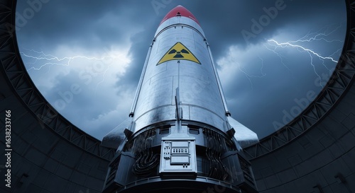 Colossal intercontinental ballistic missile with nuclear symbol in silo under stormy sky