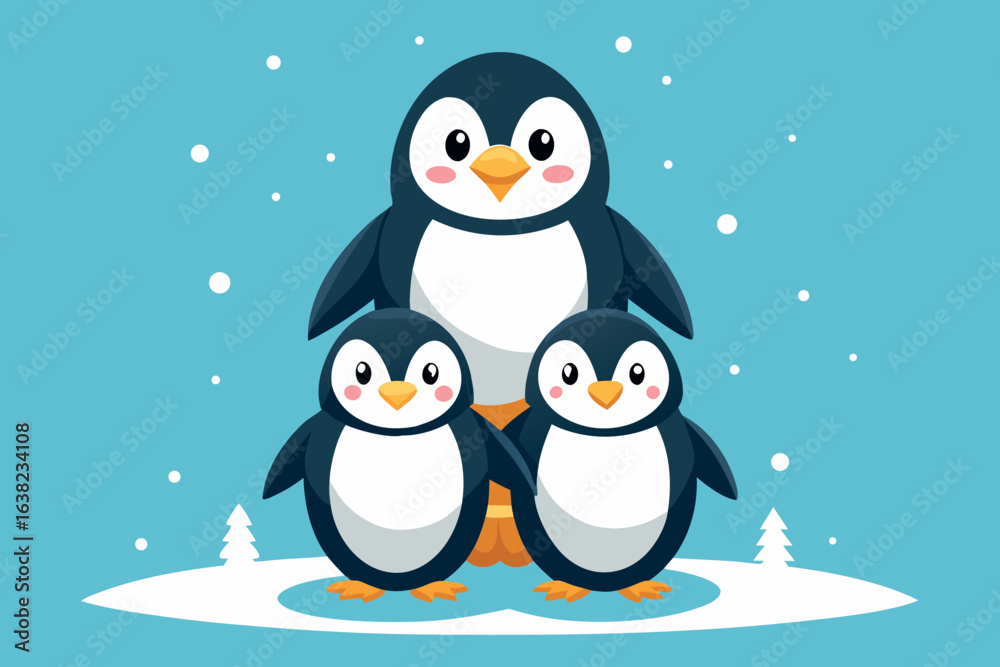 Fototapeta premium Cartoon penguin family with snow falling in the background isolated on white background