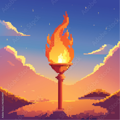 Joli flambeau, décor poétique, violet, rose, bleu, ciel et vallée, pixel art