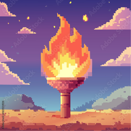 Joli flambeau, grosse flamme, décor poétique rose, bleu, violet, pixel art