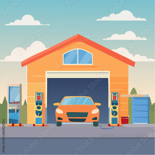 Joli garage automobile, réparation mécanique, coloré, minimaliste