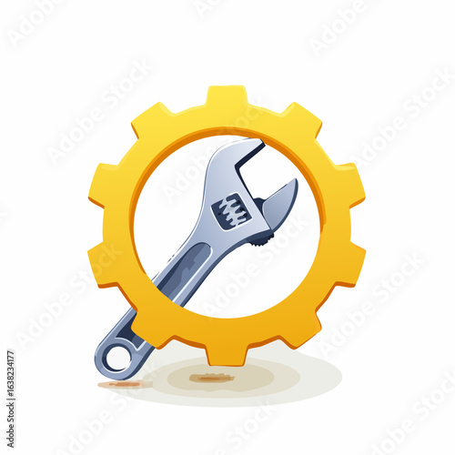 Une clé à molette entourée d'une roue  métallique jaune crantée, arrière plan blanc, concept réparation, bricolage, réparateur 