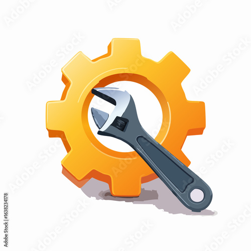 Une clé à molette entourée d'une roue  métallique jaune crantée, arrière plan blanc, concept réparation, bricolage, réparateur 