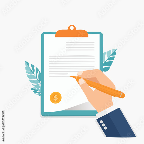 illustration d'une main qui remplit ou signe un document, vue du dessus, fond blanc