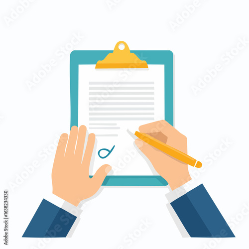 illustration d'une main qui remplit ou signe un document, vue du dessus, fond blanc