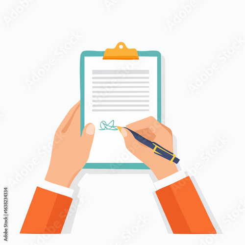 illustration d'une main qui remplit ou signe un document, vue du dessus, fond blanc