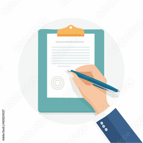illustration d'une main qui remplit ou signe un document, vue du dessus, fond blanc