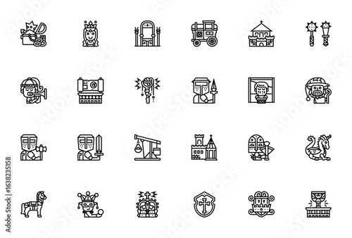 Medieval_1572 icon set. Royal vector illustration pack. Includes treasure chest, queen, throne, castle, knight, dragon, crown, shield and more. Editable fantasy symbols.