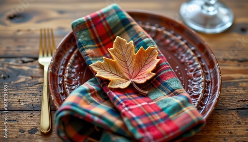 Wallpaper Mural plaid napkin with leaf trinket, thanksgiving, no people, no text, no logo Torontodigital.ca