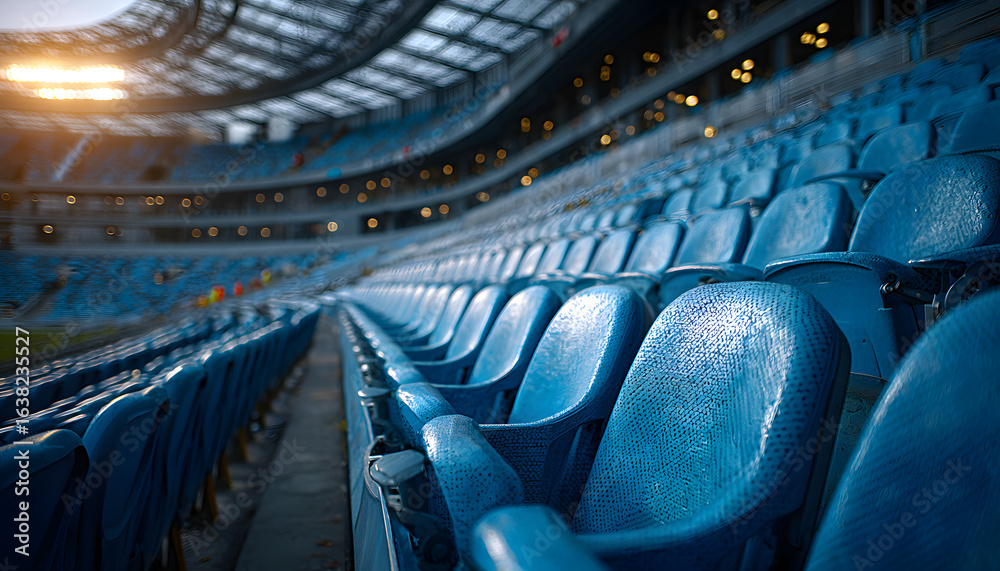 Fototapeta premium Rows of empty blue stadium seats in VIP area. Arena seating for football match or soccer game. Spectators await event in comfortable, exclusive luxury venue.