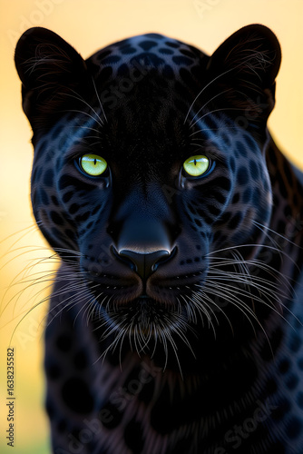A majestic black panther with intense green eyes gazes forward in a powerful close-up portrait against a warm background.