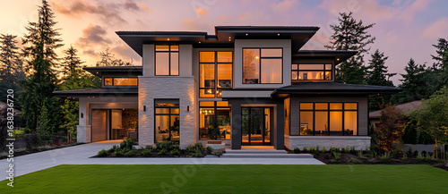Elegant farmhouse home exterior in modern style, photographed at twilight with warm lights shining, luxurious residential property showcasing rustic charm and sophisticated design inspiration