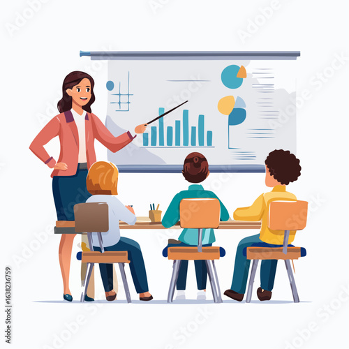 Educator leading a classroom, explaining a data analysis concept to a group of students using charts and graphs on a whiteboard.