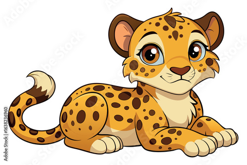 Cute cheetah cub lying down isolated on white background in cartoon style