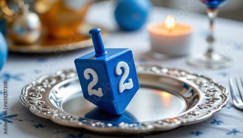 Wallpaper Mural blue and white dreidel on silver tray, hanukkah, no people, no text, no logo Torontodigital.ca