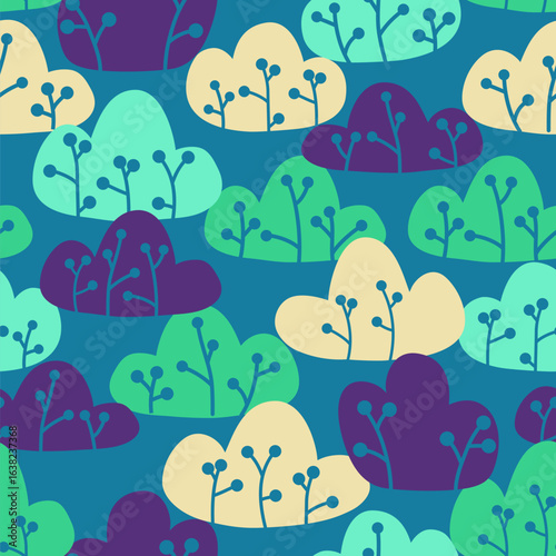 Blue-green thickets of bushes on a turquoise background. Hand drawn, doodle image. Ideal for women's and children's fabrics, home decor or gift items. Vector background.