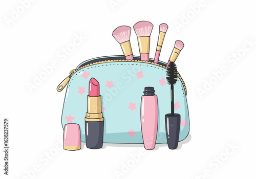 Illustration of a light blue makeup bag with pink stars, surrounded by lipstick, mascara, and various makeup brushes.