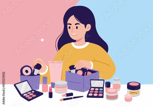 A woman arranging makeup products on a table with a pink and blue background.