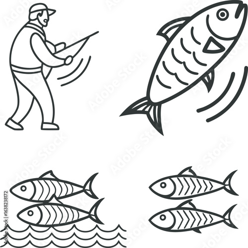 Icon of man fishing and many fish for graphic desing.eps