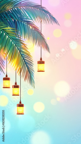 A vibrant illustration showcasing a tropical palm tree canopy adorned with warm-hued hanging lanterns.