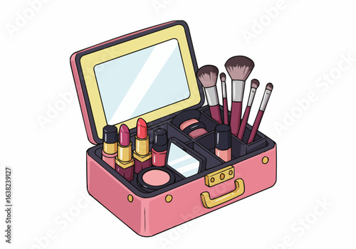 Pink makeup case with various cosmetics and brushes.