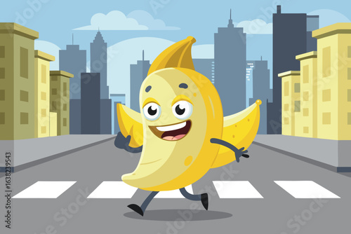 Cartoon banana character running on a crosswalk in the city with a smile