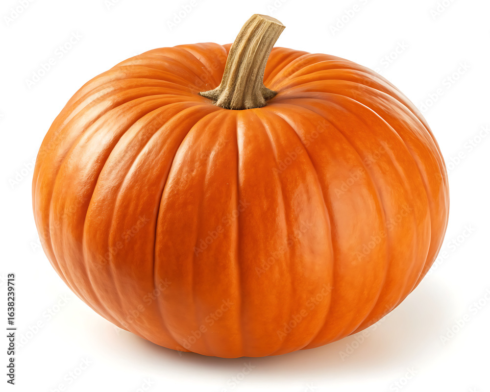 Obraz premium A single orange pumpkin with a brown stem isolated on a white background in a studio setting