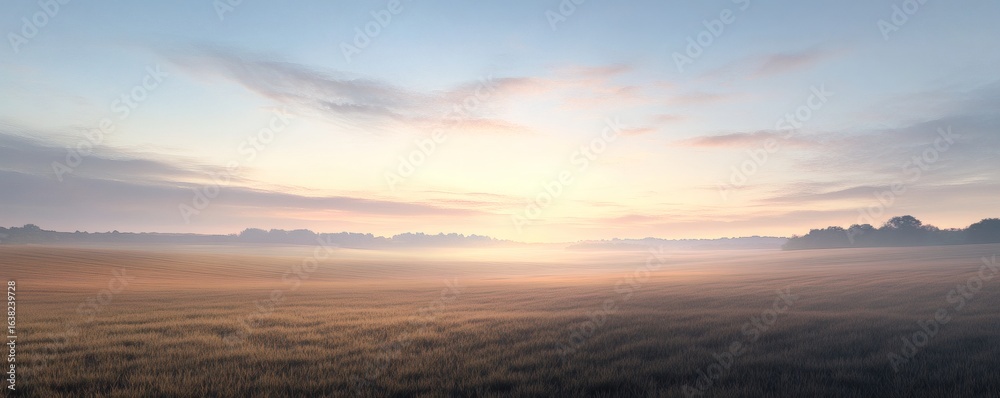 Naklejka premium A hazy and glowing sunrise over a vast open field
