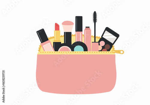 A pink makeup bag filled with various cosmetics, including lipstick, brushes, mascara, and eyeshadow.
