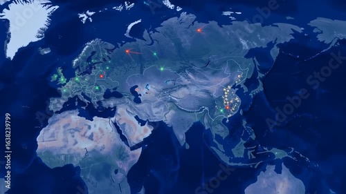 Dynamic Global Digital Map Visualizing Network Connections and Strategic Data Flow Across Continents