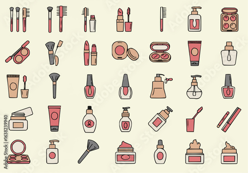 An array of cosmetic products and beauty tools, including brushes, lipstick, nail polish, and lotions, arranged on a light background.