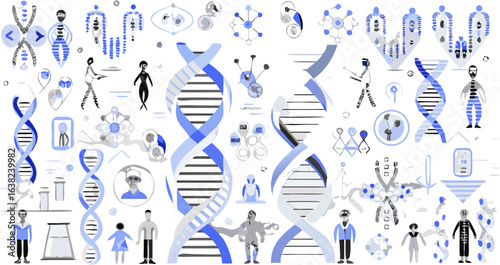 Illustration showing dna strands, human figures, and scientific concepts in blue and gray tones silhouette