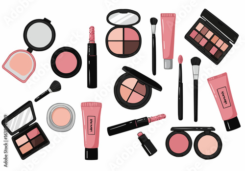 A collection of blush, lipstick, eyeshadow palettes, and makeup brushes, illustrated in a flat, cartoon style.