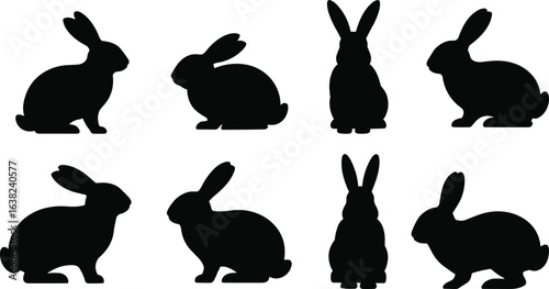 Rabbit silhouettes collection, black bunny shapes, various poses, side and front views, isolated on white, animal clipart, vector design, pet art, printable elements.