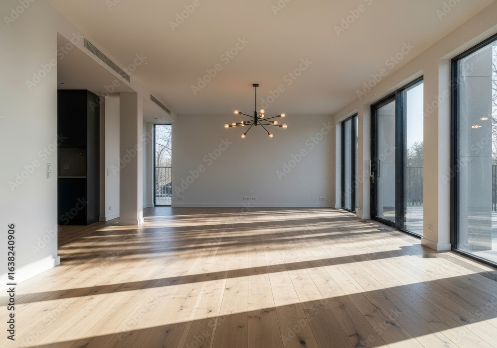 Obraz premium Sunlight Streaming Through Large Windows in an Empty, Spacious Room