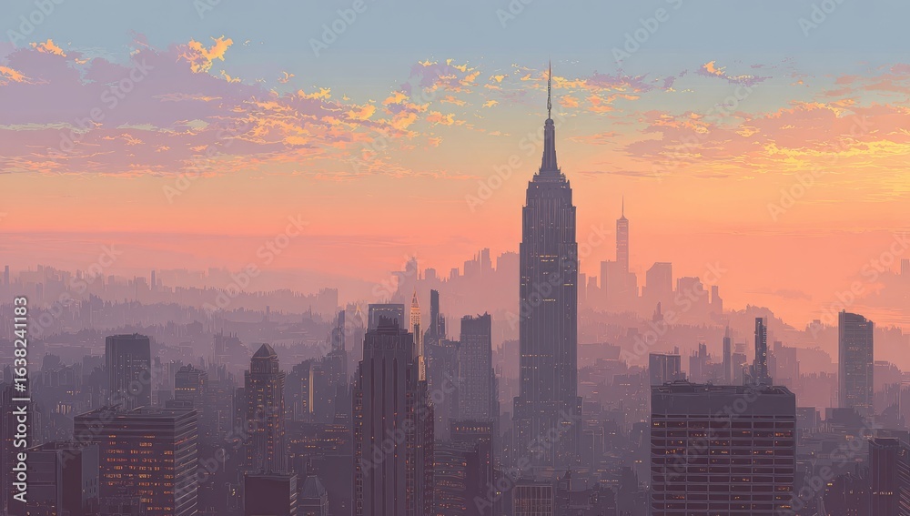 Hazy sunset over a cityscape, a prominent skyscraper dominating the skyline, with a soft, pastel sky and distant buildings shrouded in mist Hazy sunset over a cityscape, a prominent skyscraper dominating the skyline, with a soft, pastel sky and distant buildings shrouded in mist