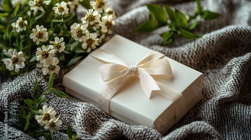 Elegant gift box wrapped in a delicate bow on a floral background