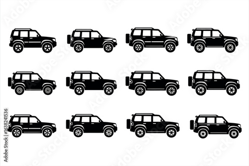 Twelve black S U V vehicle icons with spare tires on white background transport transportation